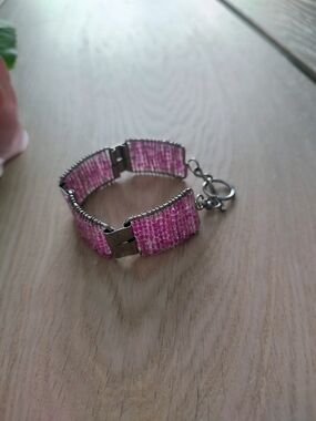 Pink Beaded Women's Bracelet with Silver Hardware
